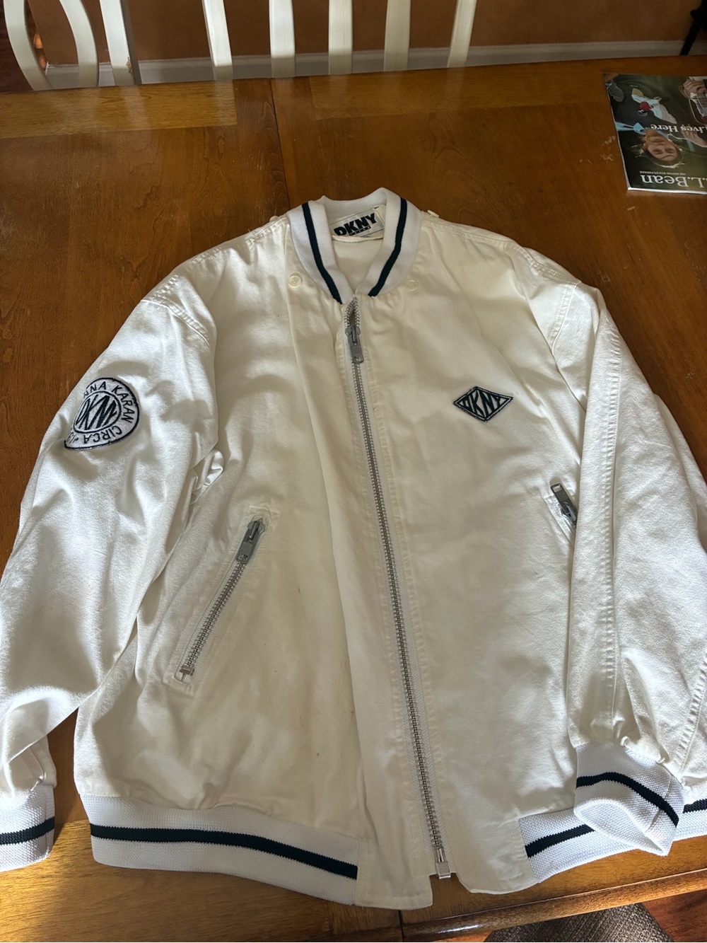 Donna Karan White Bomber Jacket with Black Trim